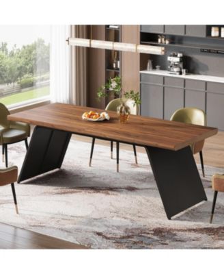 79" Long Dining Table for 6, Modern Narrow Rectangular Kitchen Table with Walnut Wooden Top & Black Metal Base