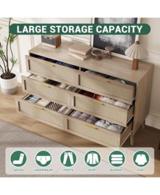 6 Drawer Rattan Dresser, 47.2'' x 15.7'' x 29.5'' Rattan Chest of Dressers, Mid Century Modern Dresser for Closet with Handles