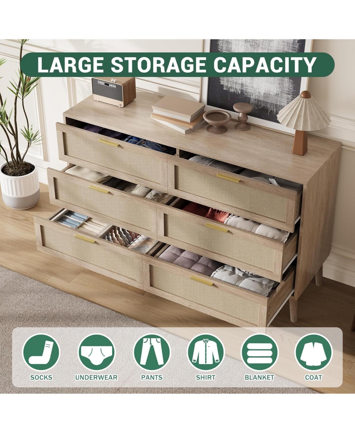 gaomon 6 Drawer Rattan Dresser, 47.2'' x 15.7'' x 29.5'' Rattan Chest of Dressers, Mid Century Modern Dresser for Closet with Handles