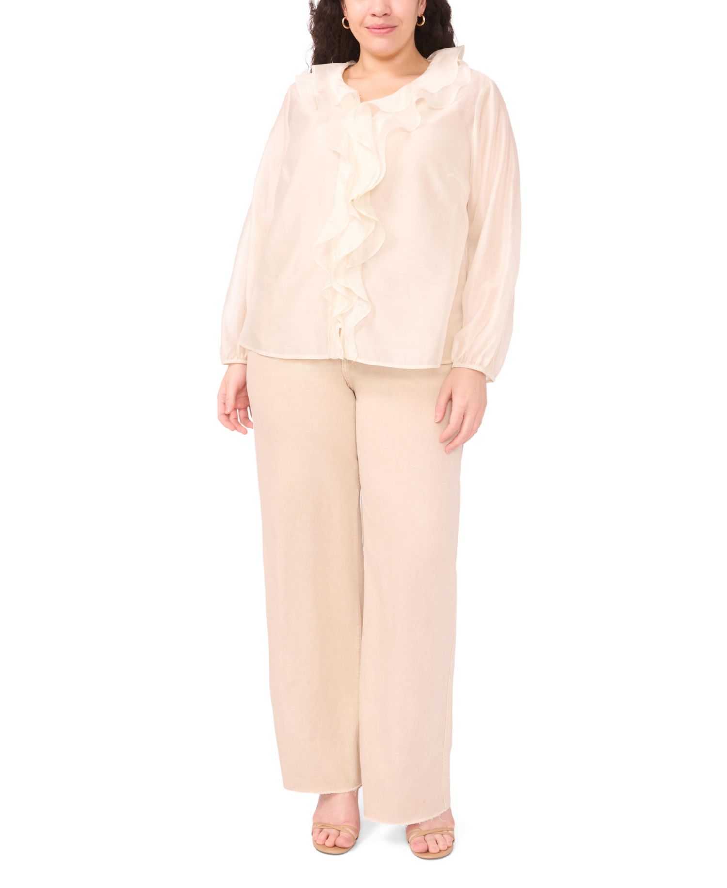 Plus Size Ruffle Front Long-Sleeve Blouse