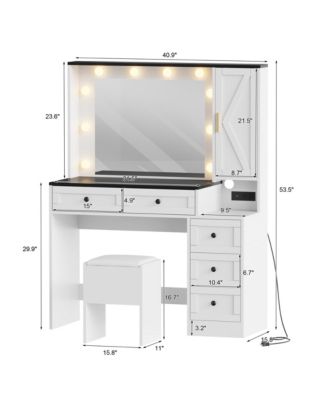 Makeup Vanity Desk Lighted Mirror and Cushioned Stool Wooden Dressing Table