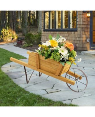 Wooden Wagon Planter Decorative Indoor/Outdoor Rustic Flower Cart with Wheel