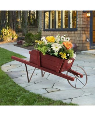 Wooden Wagon Planter Decorative Indoor/Outdoor Rustic Flower Cart with Wheel