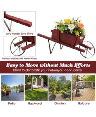 Wooden Wagon Planter Decorative Indoor/Outdoor Rustic Flower Cart with Wheel