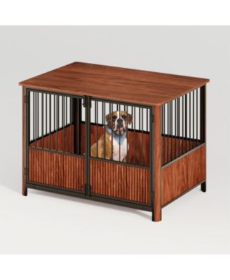43" Furniture Style Dog Crate End Table, Walnut Fluted Wood Pet House for Large Dogs, Double Door Design