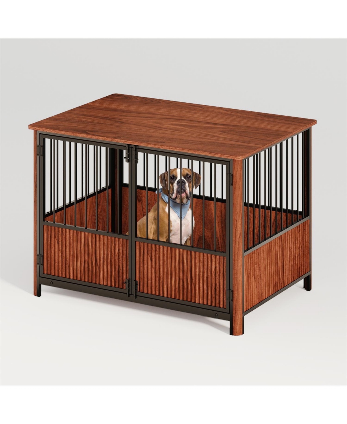 Aostirmotor 43" Furniture Style Dog Crate End Table, Walnut Fluted Wood Pet House for Large Dogs, Double Door Design