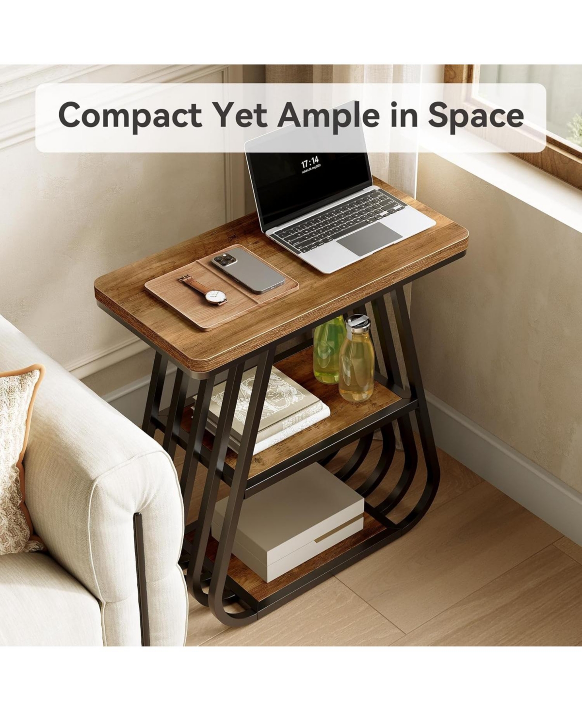 Tribesigns End Table for Living Room, 3-Tier Side Table for Small Spaces, Industrial Narrow Side Table with Storage Shelf