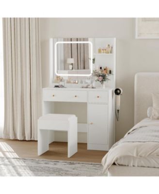 Lighted Vanity Desk Set, Bedroom Makeup Dressing Table with Matching Stool