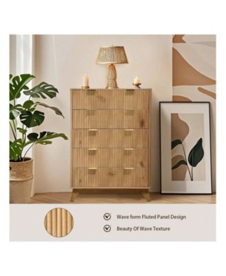 Tall 5-Drawer Wood Dresser, Waveform Fluted Panel Modern Chest of Drawers for Bedroom Clothes Storage