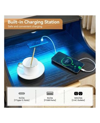 Rattan Nightstand with Charging Station & LED Lights, 2-Drawer Storage Bedside End Table for Bedroom