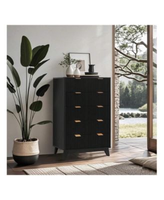 Tall 5-Drawer Wood Dresser, Waveform Fluted Panel Modern Chest of Drawers for Bedroom Clothes Storage