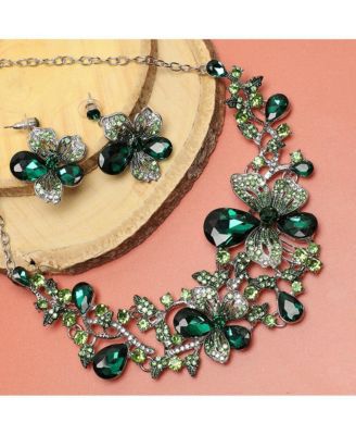 Women's Green Teardrop Flora Necklace And Earrings (Set Of 2)