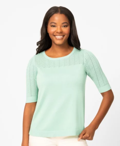 Petite Mixed Cable Round Hem Sweater - Ocean Wave