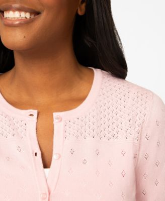 Petite Diamond Pointelle Button Crewneck Cardigan Sweater