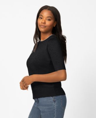 Petite Whip Stitch Elbow-Sleeve Crewneck Sweater