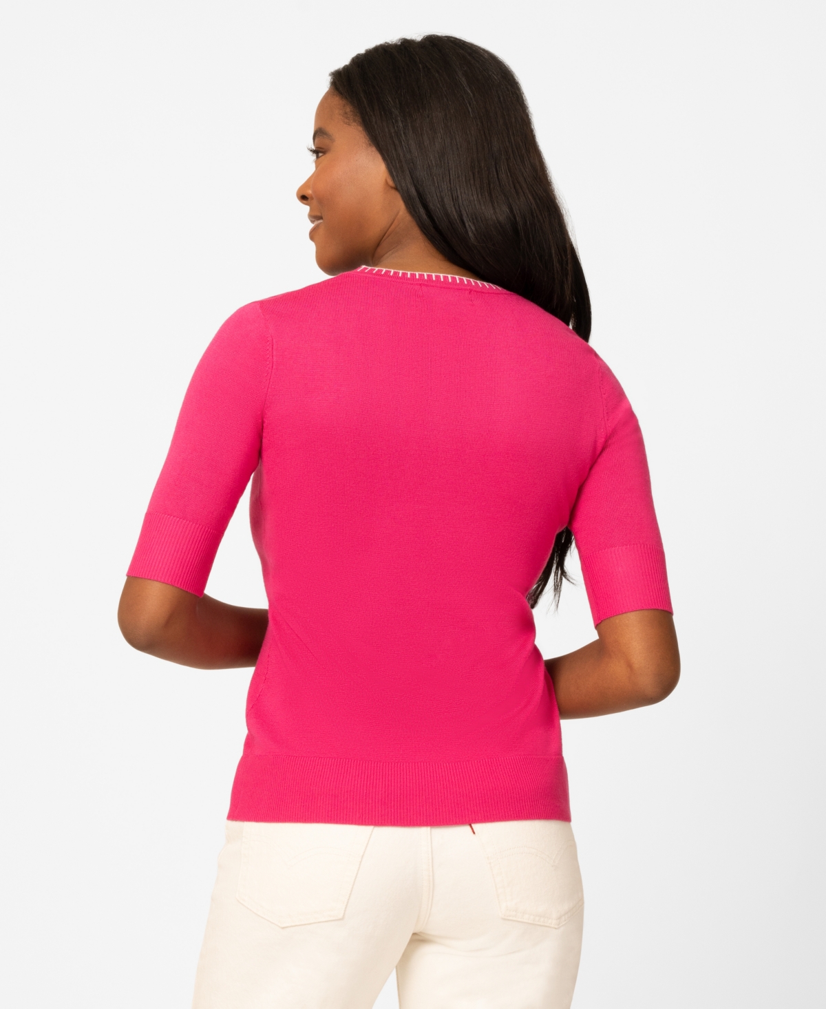 Melissa Paige Petite Whip Stitch Elbow-Sleeve Crewneck Sweater