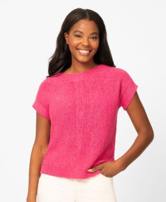Women's Button-Back Short-Sleeve Tape-Yarn Sweater