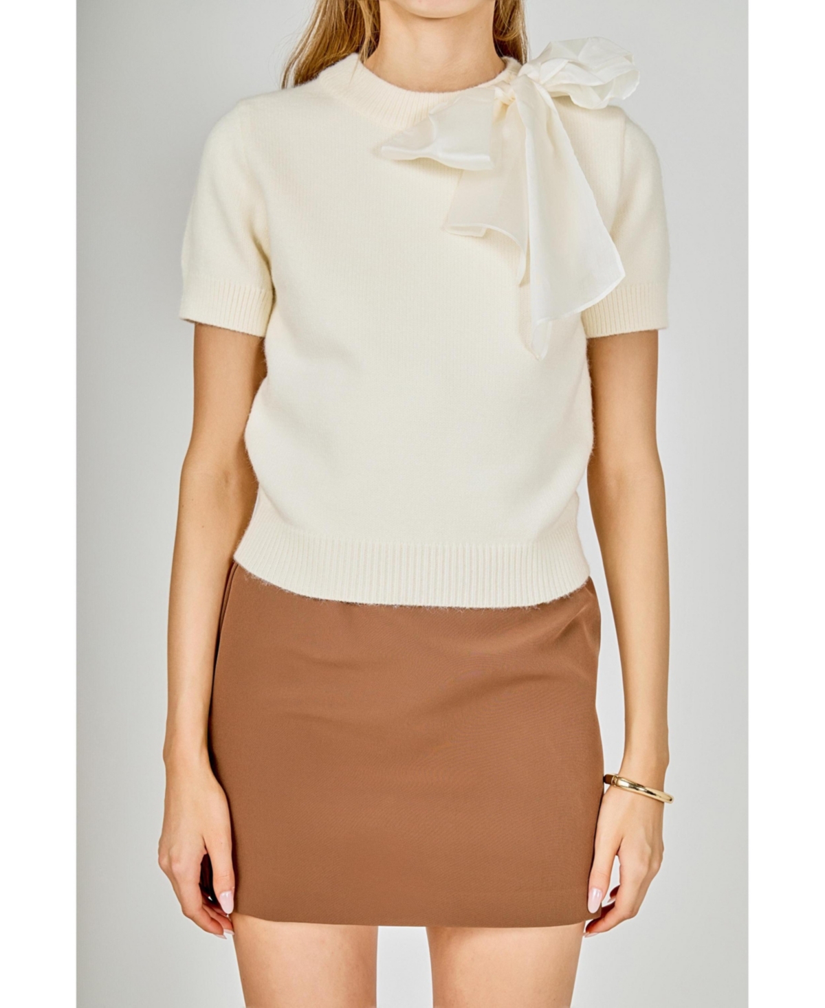 English Factory Women's Bow Accent Puff Sleeve Knit Top - Cream