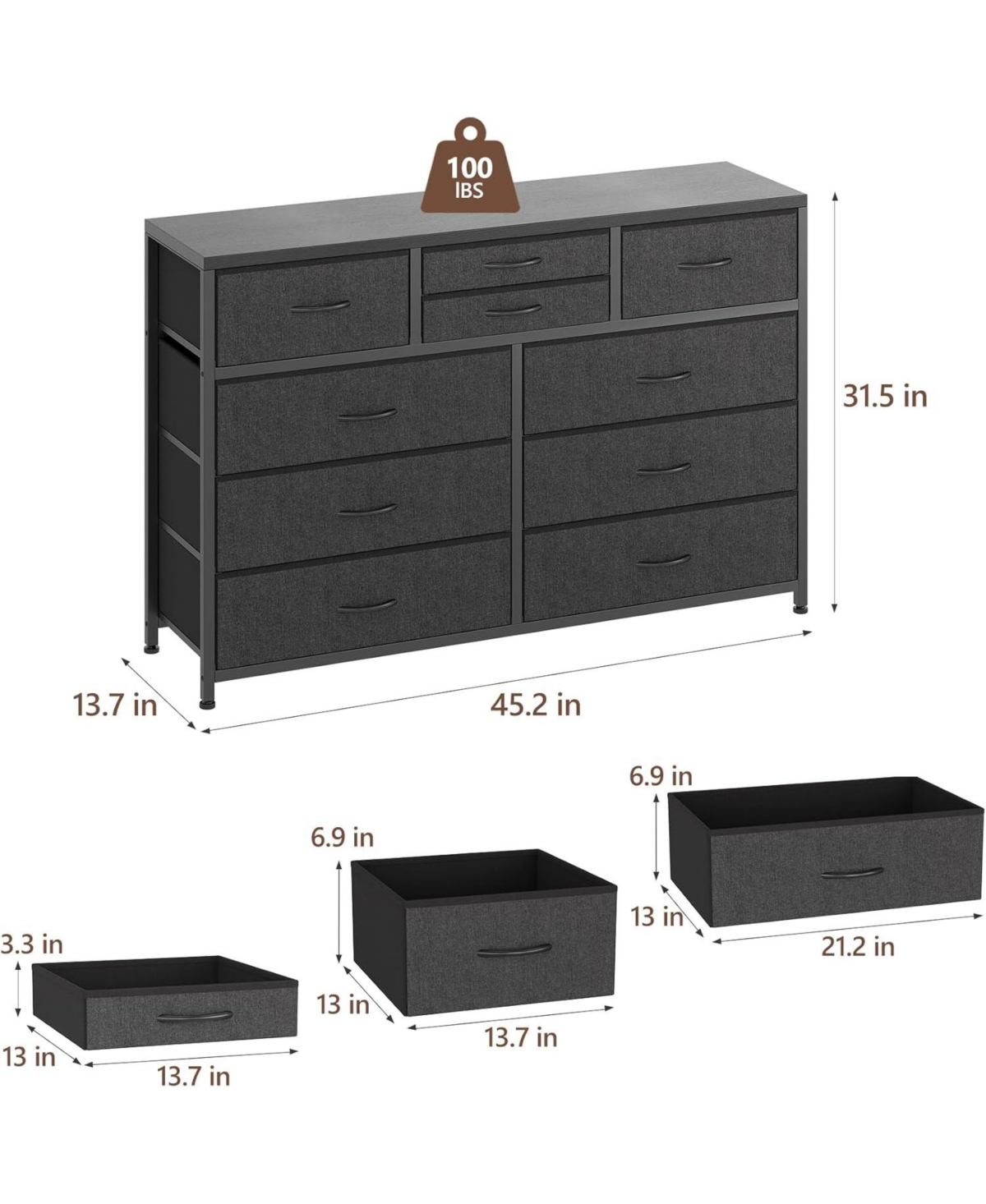gaomon 10 Drawers Fabric Dressers for Bedroom, Modern Chest of Drawers, 45" Wide Tv Stand
