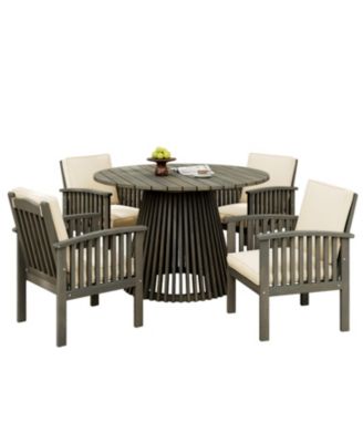 Outdoor Acacia Wood 4 Chair Set with Round Table, Grey & Cream