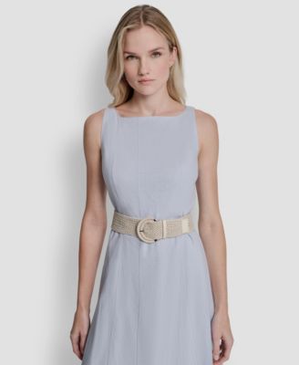 Women's Belted Fit And Flare Boat Neck Midi Dress
