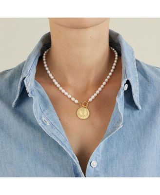 Pearl Necklace with Gold Coin Pendant & Toggle Clasp