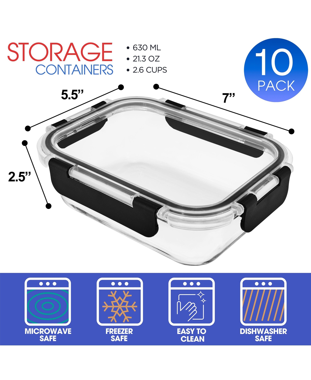 Sorbus 20 Piece Rectangular (630ml/ 21.3oz/ 2.6cups) Glass Meal Prep Containers with Airtight Lids