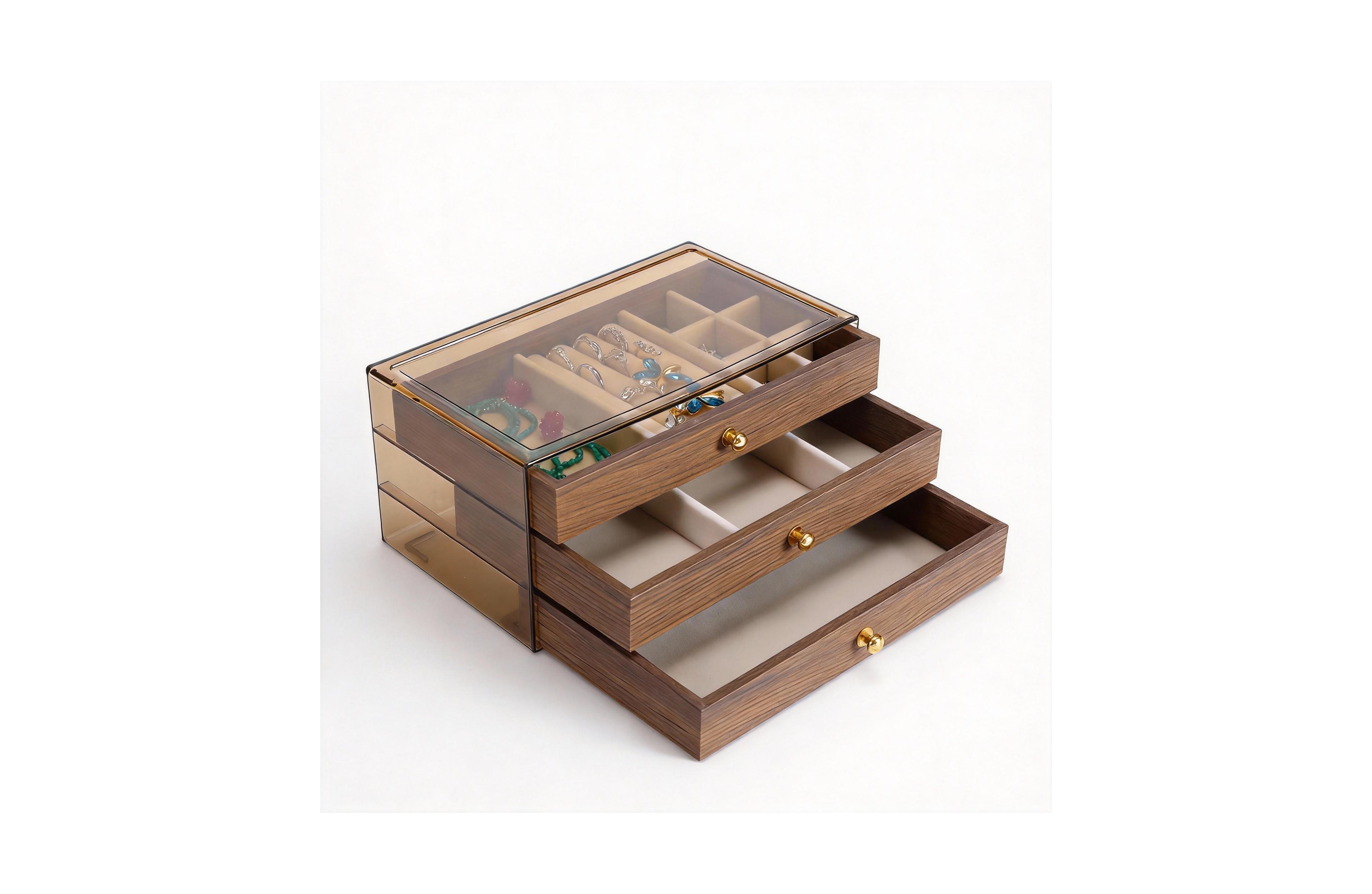 Yigii 3-Layer Acrylic & Wood Jewelry Organizer with Velvet Lining