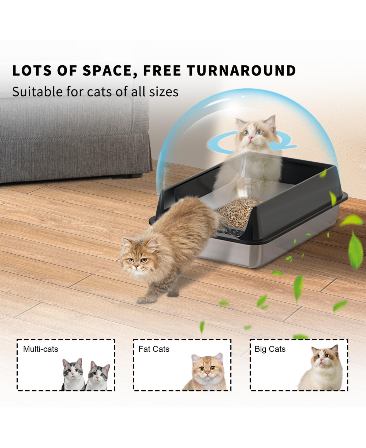 Aostirmotor Stainless Steel Cat Litter Box Black, Large Anti-Rust & Odor Control