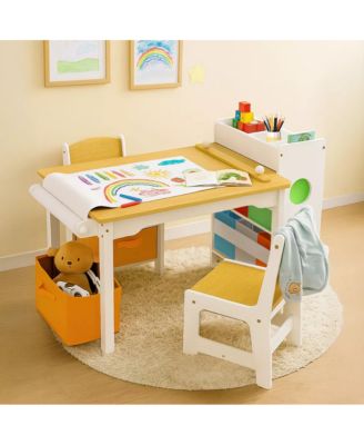 3-in-1 Kids Table and 2 Chairs Set with Storage, Removable Top and Chalkboard for Art, Crafts, and Reading
