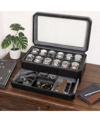 Luxury Watch Box - 12 Watches, PU Leather, Glass Lid, Accessory Drawer