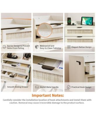 1PC White Rattan Nightstand, 2-Drawer Bedside Table with Type-C Charging Station