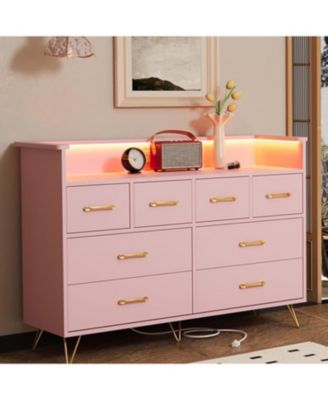 Dresser for Bedroom with LED Light & Charging Station, 8 Drawers Wooden Dressers with Open Space, Modern Chest of Wide Drawers for Living Room