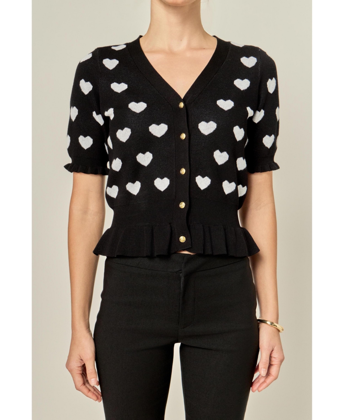 English Factory Women's Heart Cardigan with Short Puff Sleeve - Black