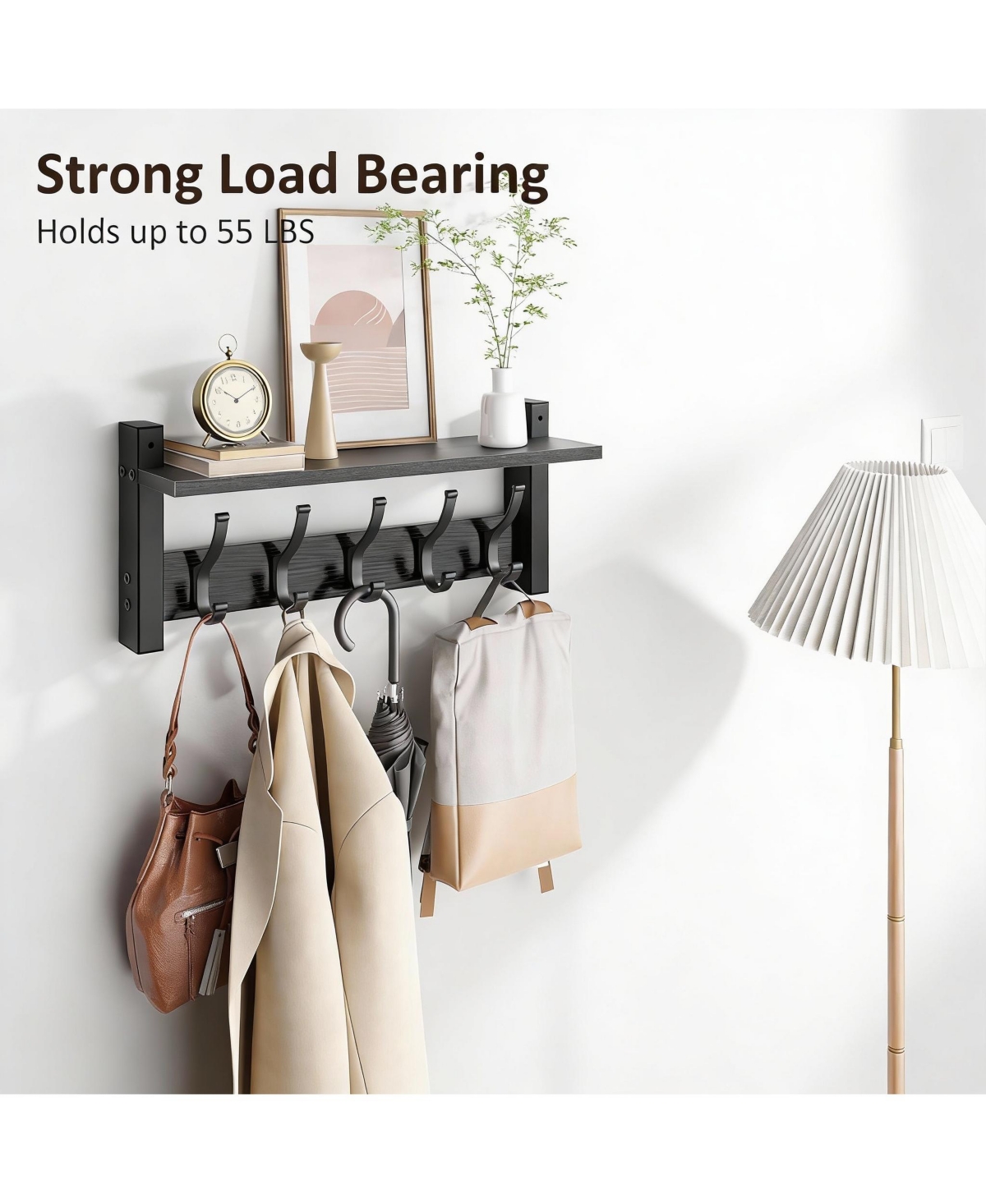 Yigii Wooden Coat Rack with Shelf, 5 Hooks, 55lbs Capacity, Space-Saving, Diy