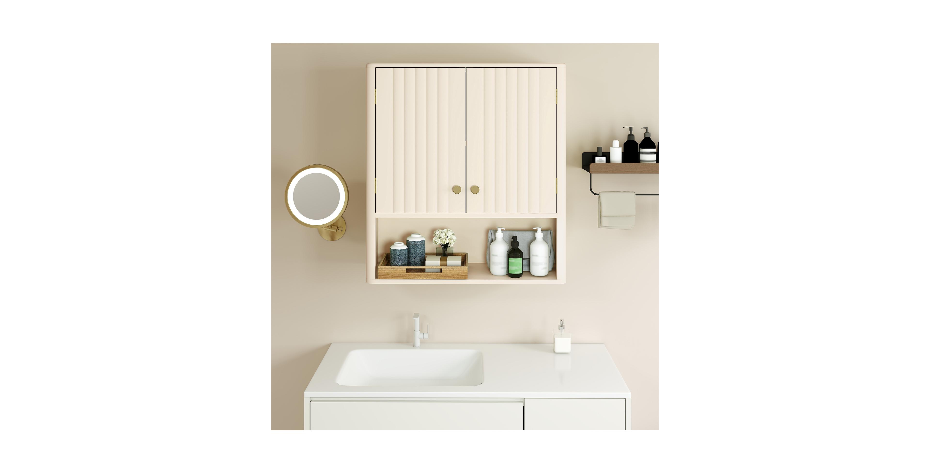 sumyeg Fluted Bathroom Wall Storage Cabinet with Open Shelf Organizer