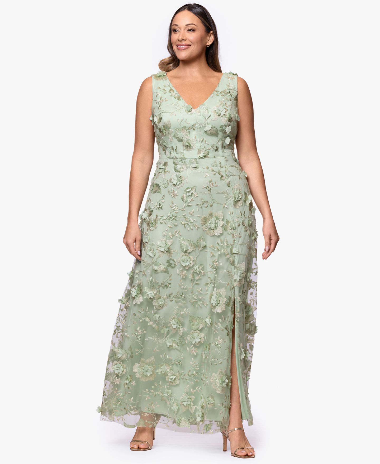 Женское платье XSCAPE V-Neck 3D Embroidered Gown, цвет: Шалфейный золотой — фото 2