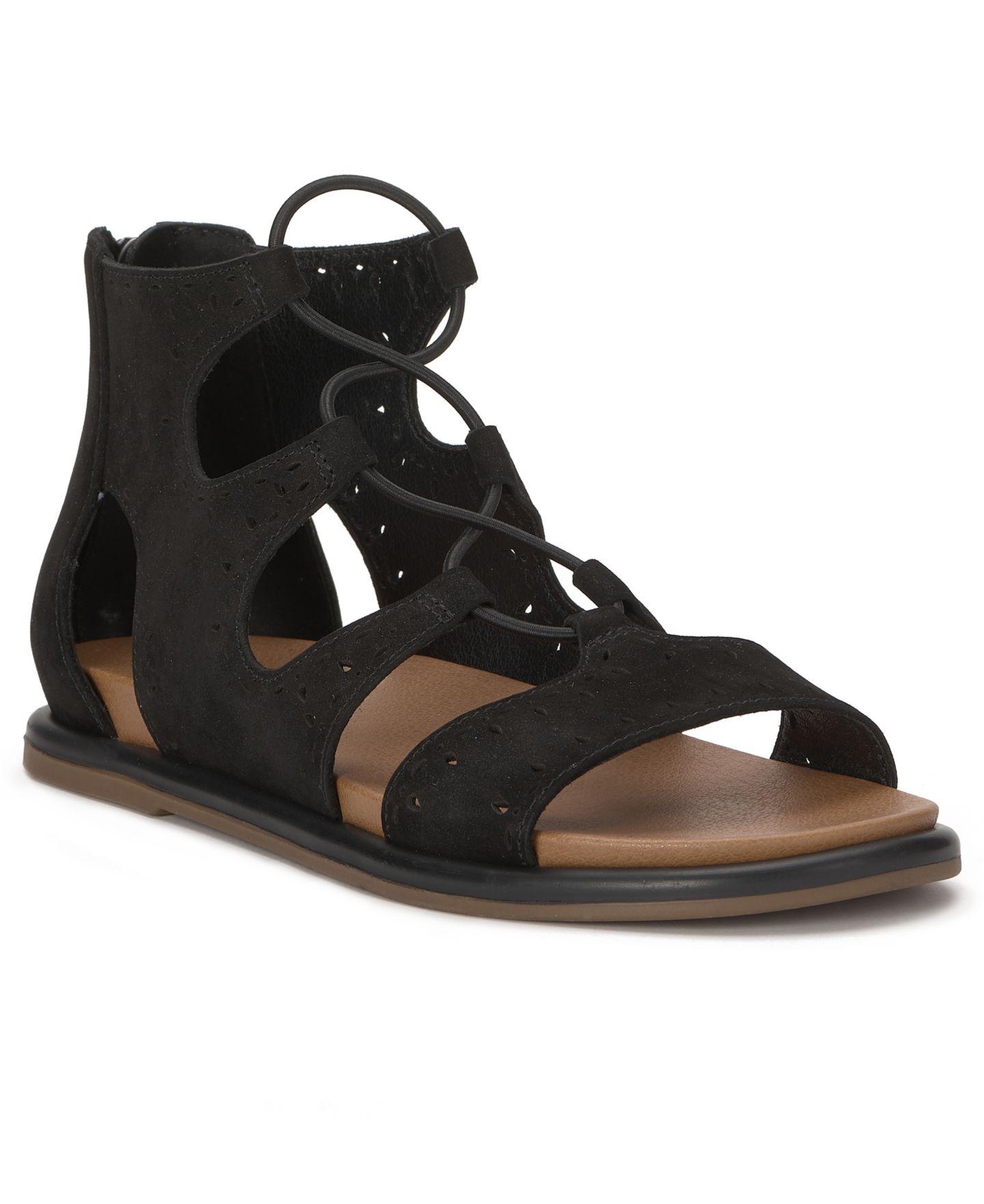 Женские сандалии Lucky Brand Sartea Laced Gladiator Flat, цвет: Чёрный нубуковый — фото 6