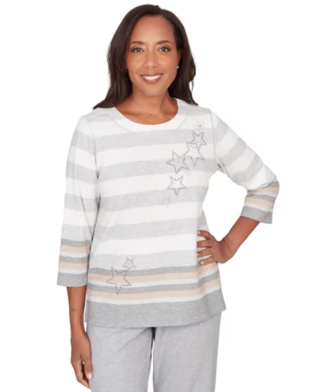 Petite Stripe Embellished Crewneck Top - Gray Multi