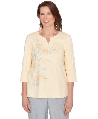 Petite Asymmetrical Floral Embroidered Split Neck Top