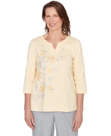 Petite Asymmetrical Floral Embroidered Split Neck Top - Daffodil