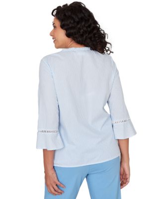 Petite Striped Floral Embroidered Button-Down Top