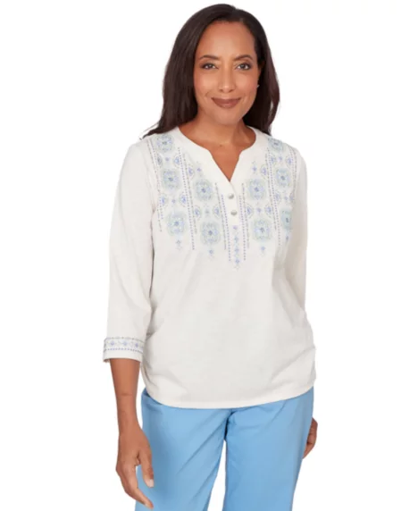 Petite Medallion Embroidered Ruched Split Neck Henley Top - Oatmeal Heather