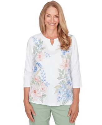 Petite Floral Embroidered Split Neck Top