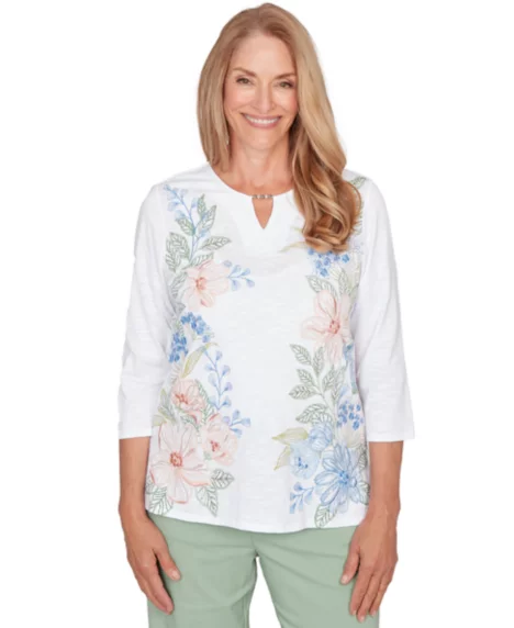 Petite Floral Embroidered Split Neck Top - White