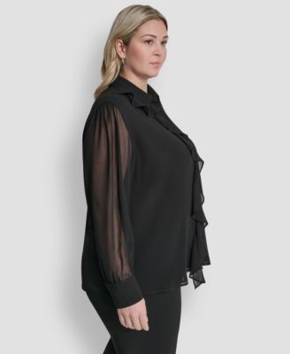 Plus Size Collared Ruffle Detail Long-Sleeve Top