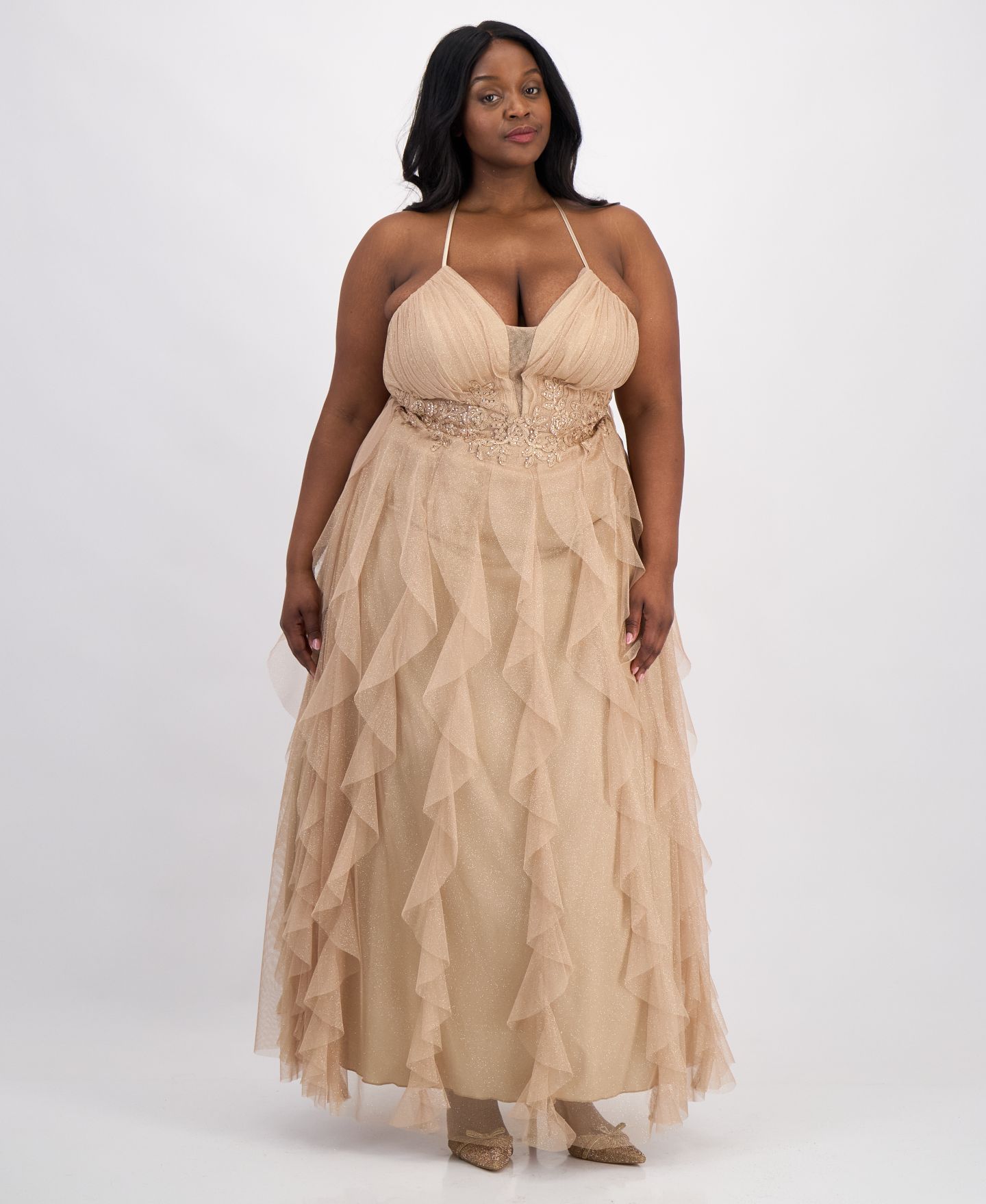 Женские платья pear culture Trendy Plus Size Glitter-Mesh Lace-Up-Back Gown, цвет: Золотой — фото 1