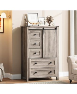 Farmhouse 5 Drawer Dresser for Bedroom, Wood Dresser Chest of Drawer with Sliding Barn Door, Adjustable Shelf