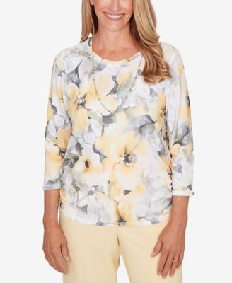 Petite Al Fresco Watercolor Floral Side Ruched Top with Necklace