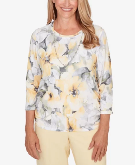 Petite Al Fresco Watercolor Floral Side Ruched Top with Necklace - Multi Yellow